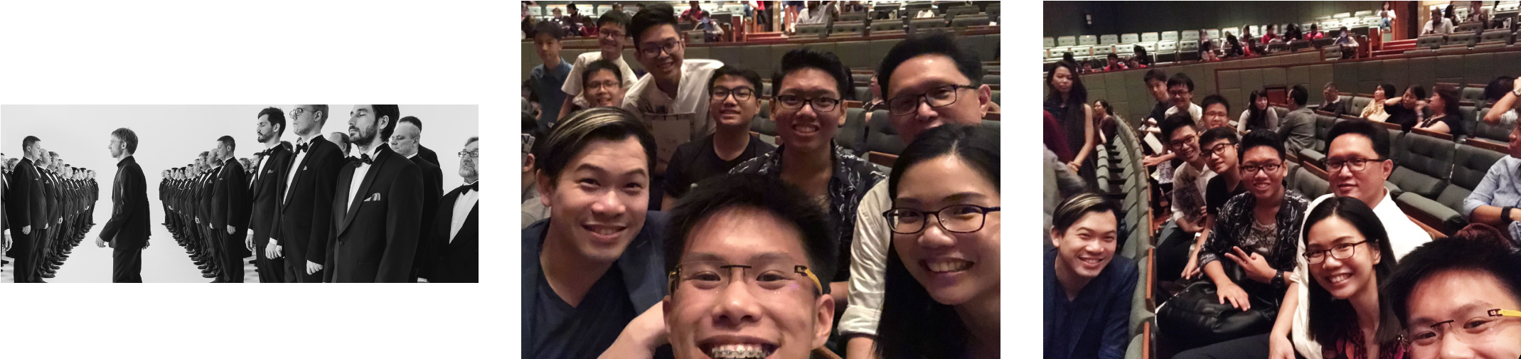 Three photos: men in tuxedos standing in a line, and two group selfies of smiling young people seated in an auditorium.